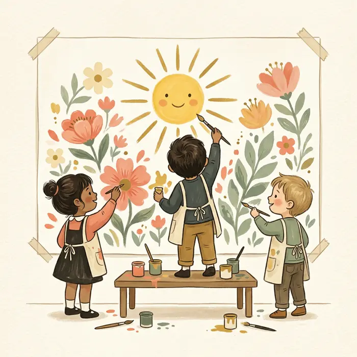 Illustration of preschoolers in smocks painting a big colorful mural