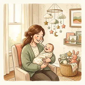 Illustration of a caregiver cradling a baby beneath a cloud mobile