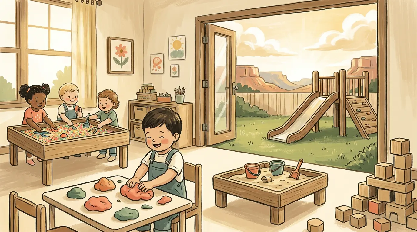 Illustration of toddlers digging in a colorful sensory bin, squishing playdough and playing at a sand table, with an open door to a backyard playground and slide